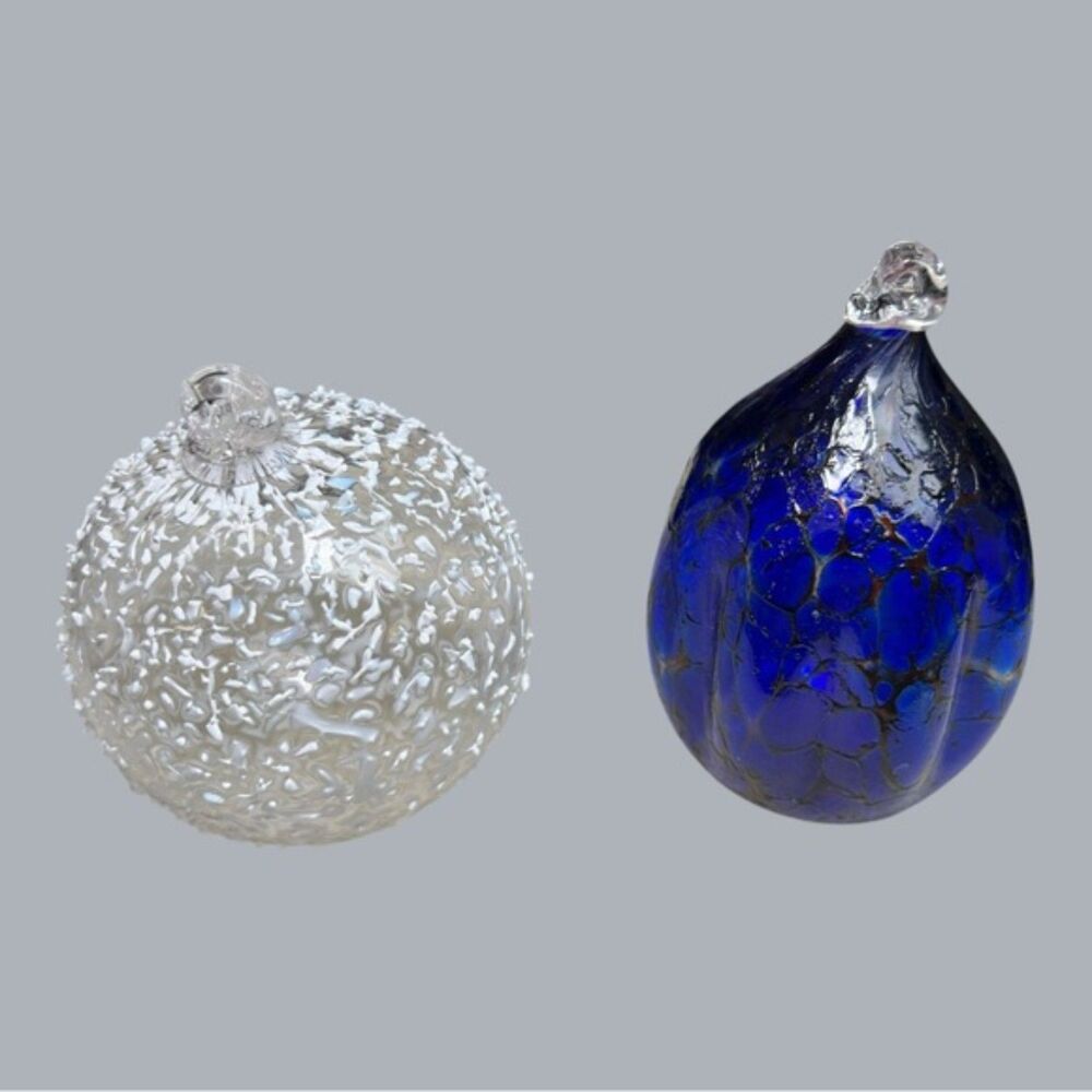 Hand-Blown Glass Ornament Pair – Iridescent White & Deep Cobalt Blue